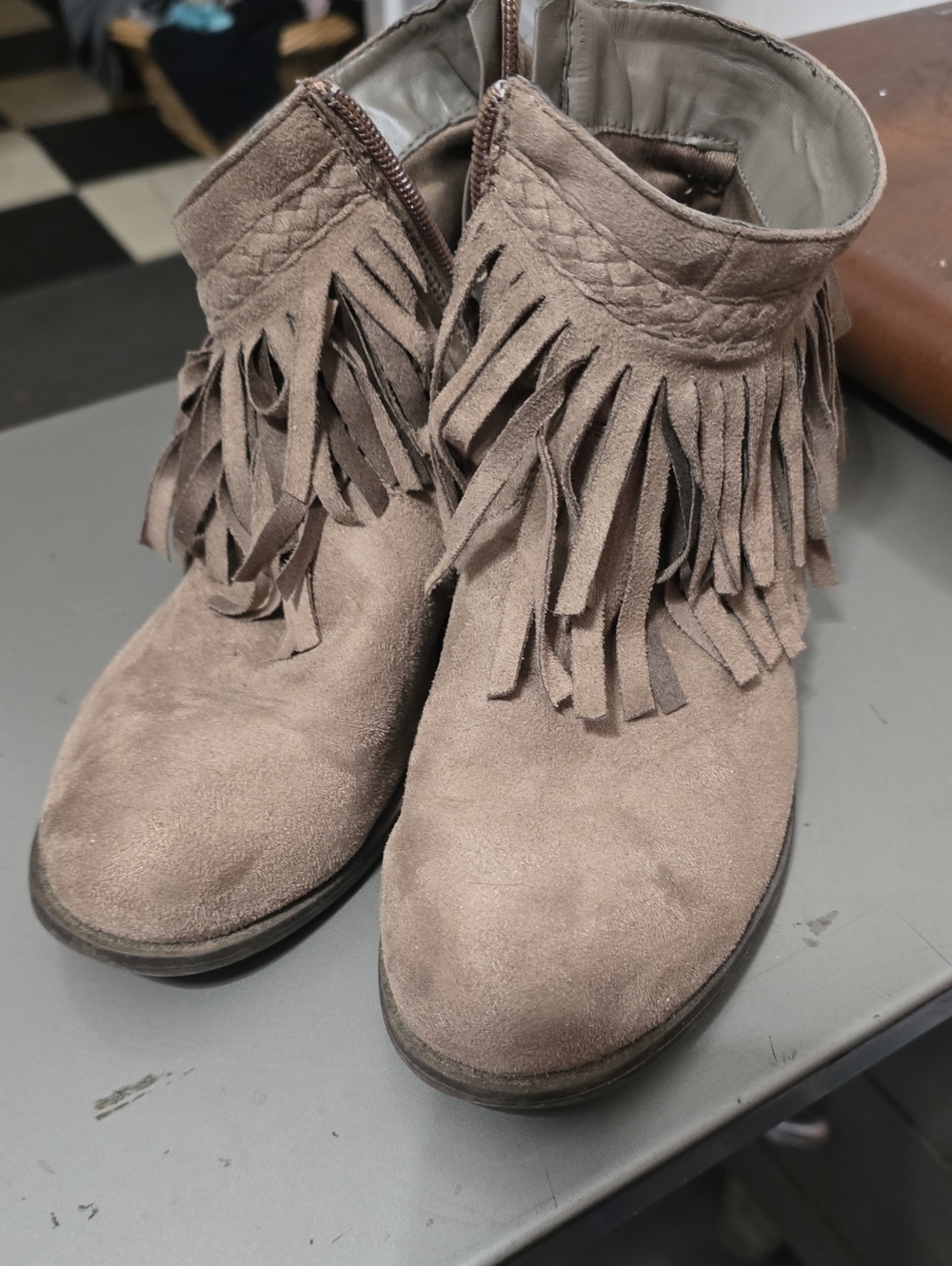 Refresh Taupe Suede Fringe Ankle Booties